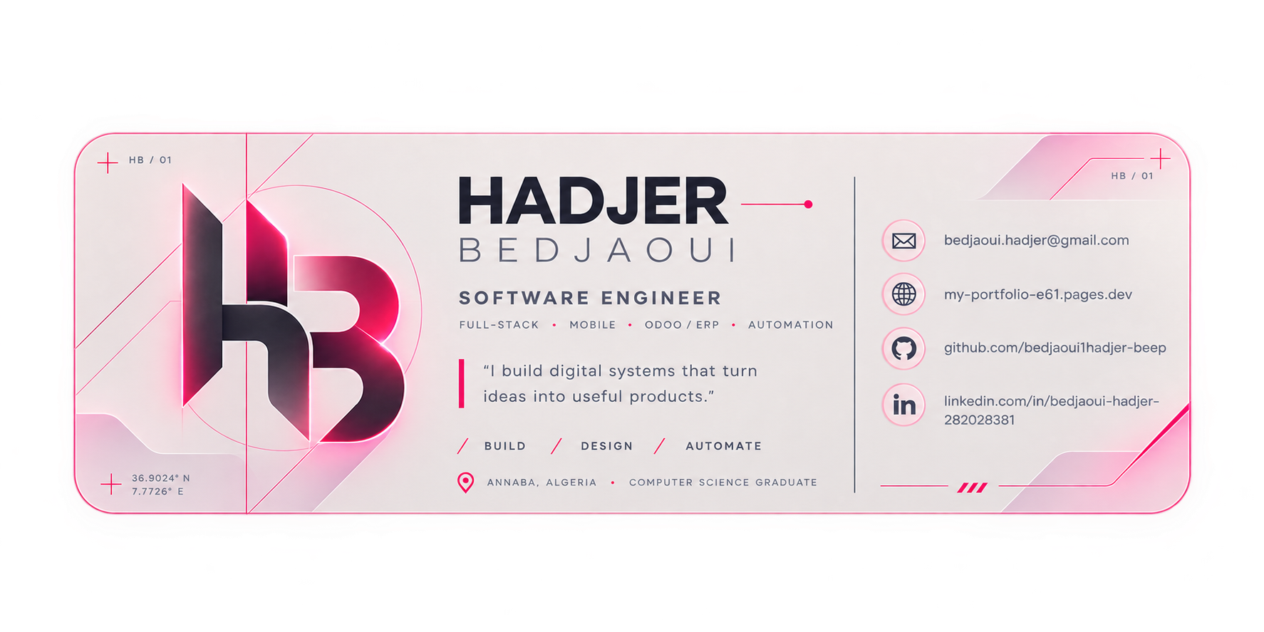Hadjer Bedjaoui — personal brand card: Software Engineer, Full-Stack, Mobile, Odoo / ERP, Automation.